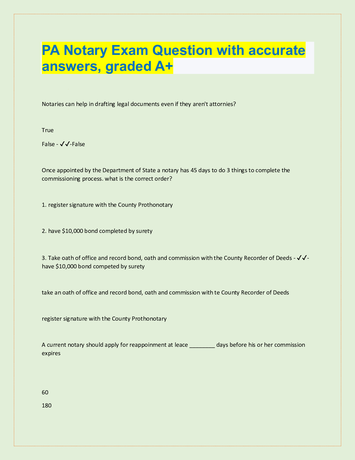 PA Notary Exam Question with accurate answers, graded A+ Browsegrades